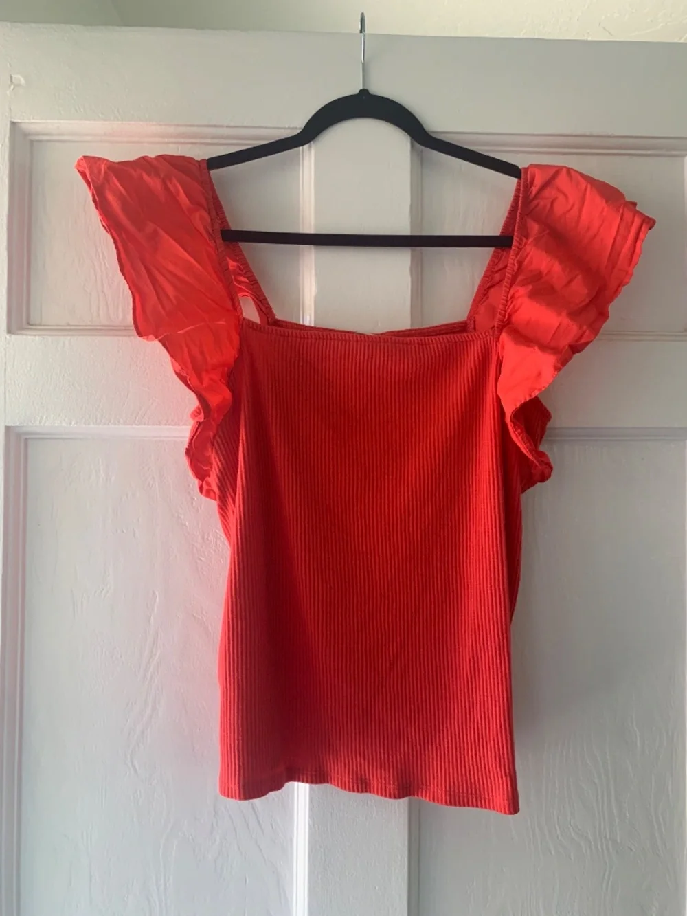 A New Day Rocker Red Ribbed Square-Neck Flutter-Sleeve Top XL - Picture 2 of 6